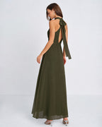 Emerald Mock Neck Chiffon Maxi Dress with Side Slit