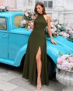 Emerald Mock Neck Chiffon Maxi Dress with Side Slit