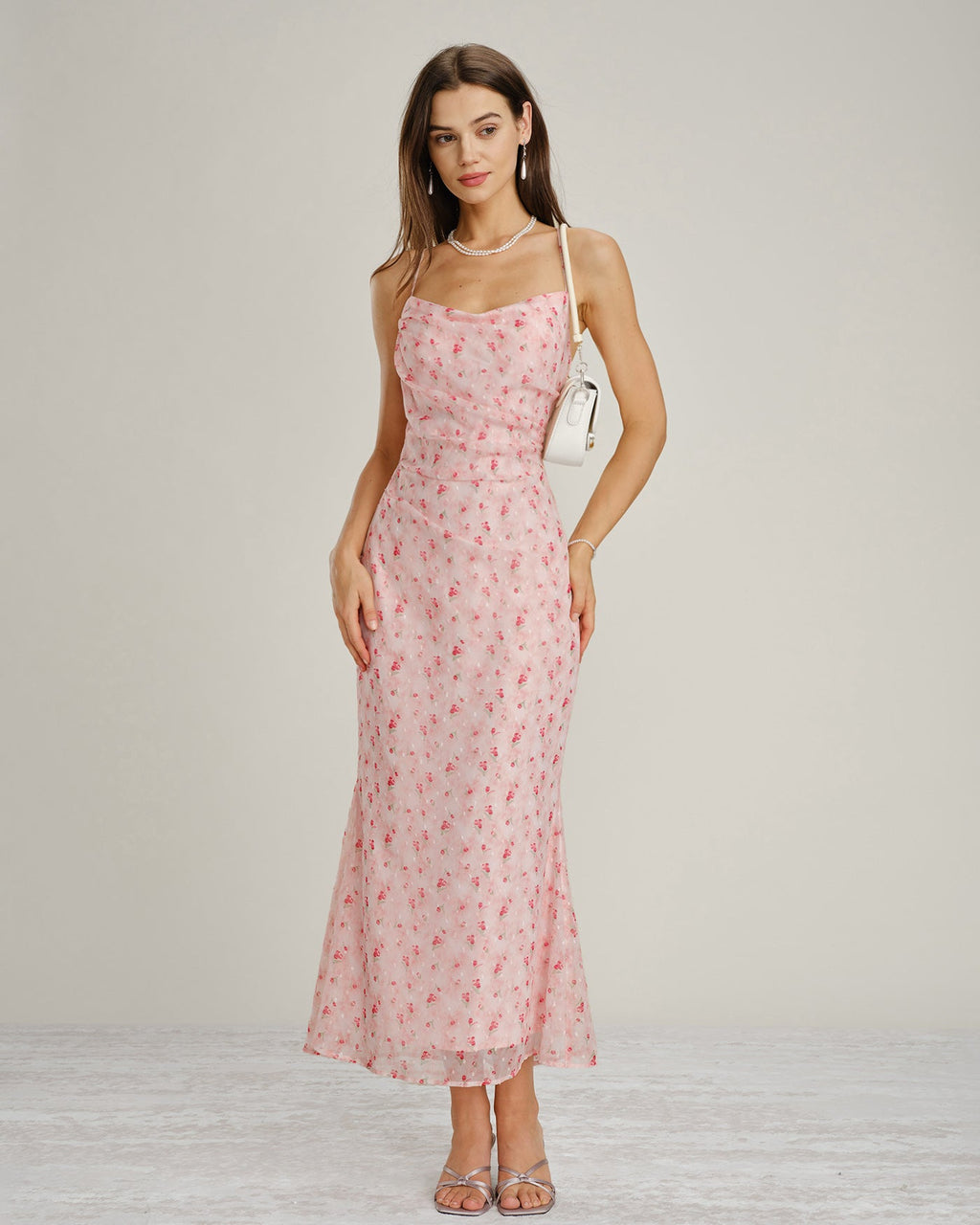 Floral Maxi Dress with Pink Cowl Neck