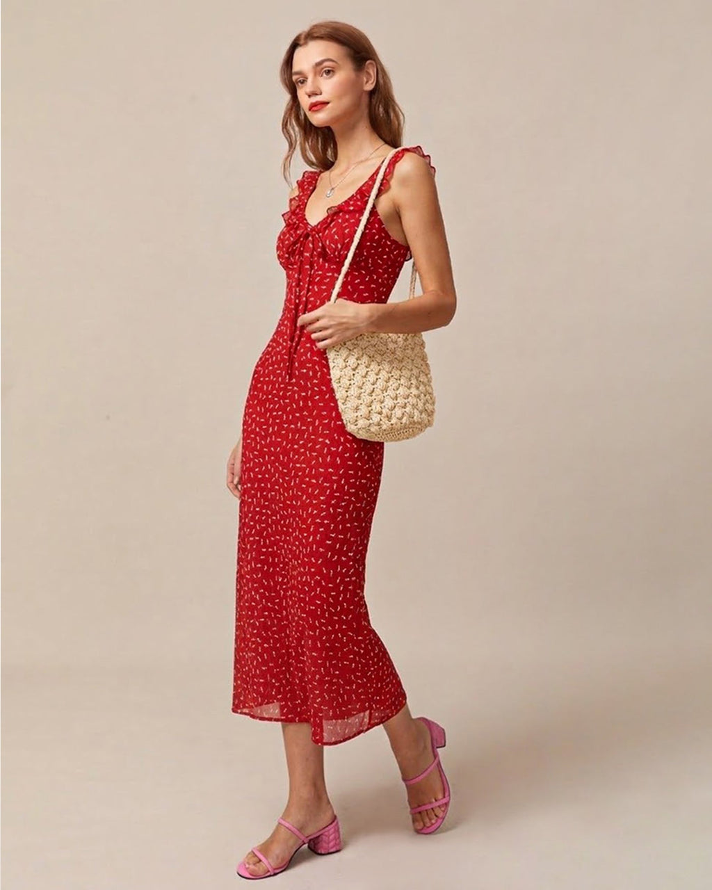 Maxi Dress with Ruffled V-Neck and Red Floral Print