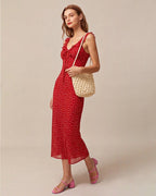 Maxi Dress with Ruffled V-Neck and Red Floral Print