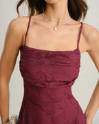 Wine Red Jacquard Maxi Dress with Slip Design