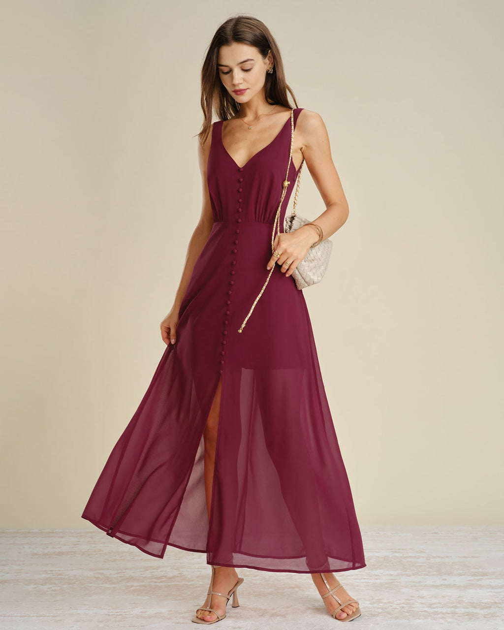 Wine Red Chiffon Maxi Dress with Button Slit Detail