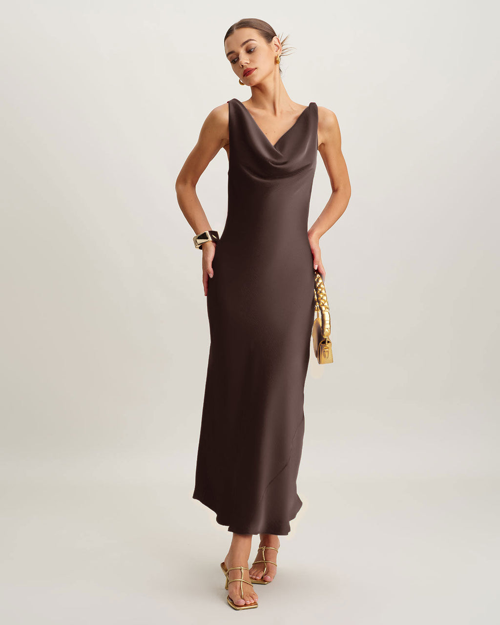 Coffee Satin Maxi Dress with Cowl Neck