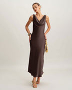 Coffee Satin Maxi Dress with Cowl Neck