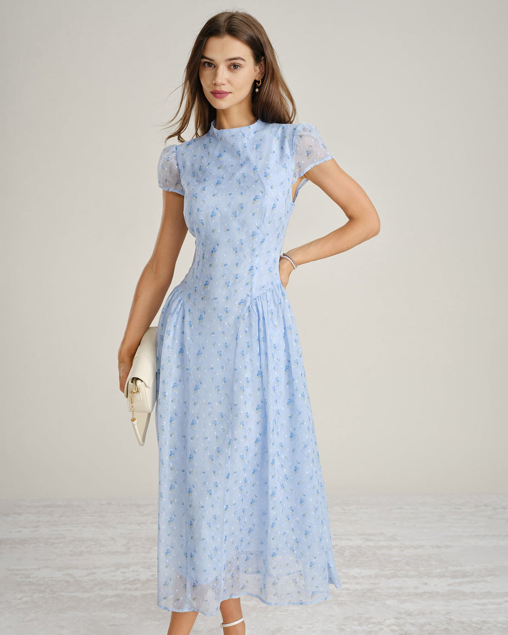 Floral Chiffon Maxi Dress with Blue Mock Neck