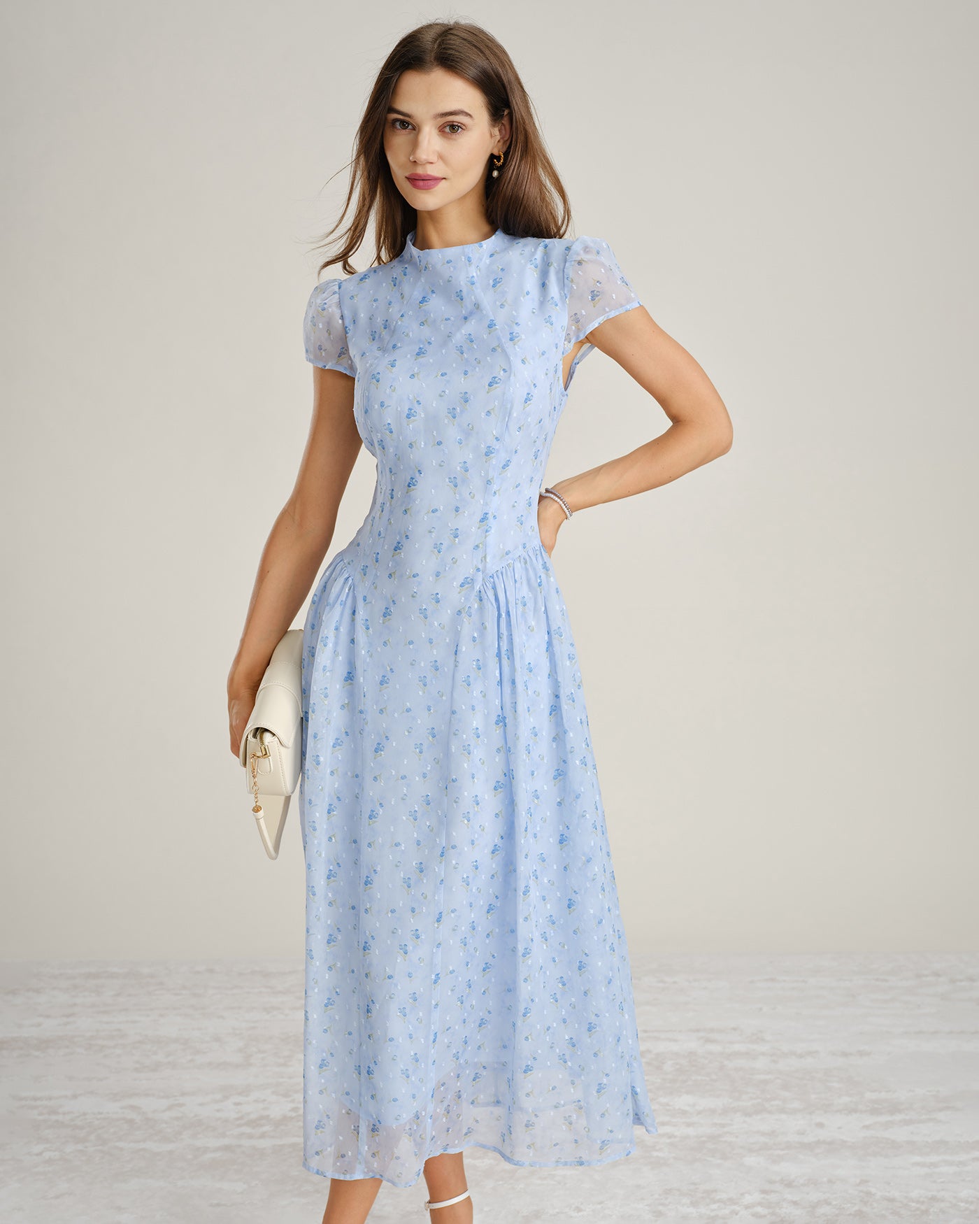 Floral Chiffon Maxi Dress with Blue Mock Neck