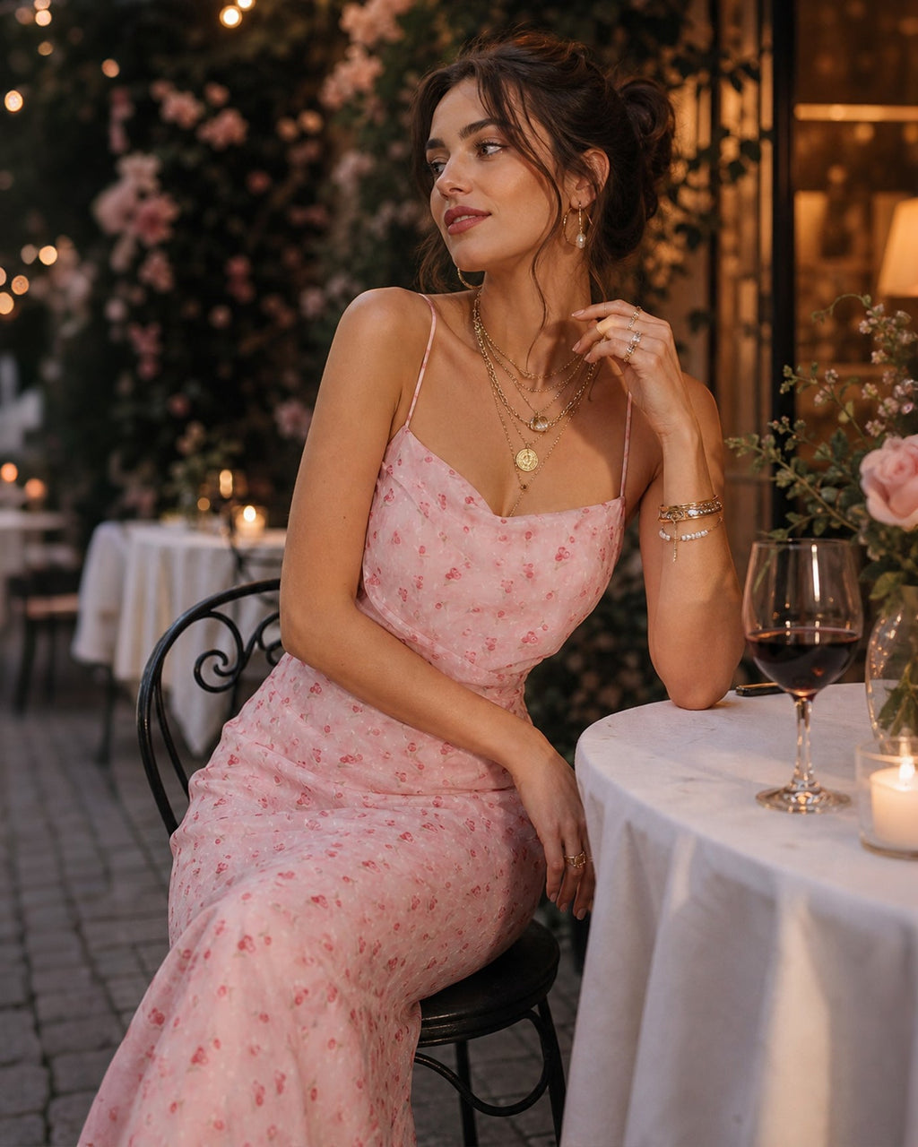 Floral Maxi Dress with Pink Cowl Neck