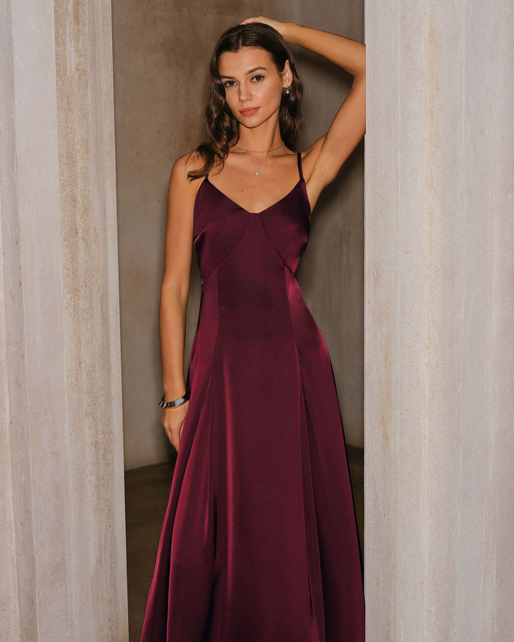 Wine Red Satin A-Line Maxi Slip Dress