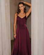 Wine Red Satin A-Line Maxi Slip Dress
