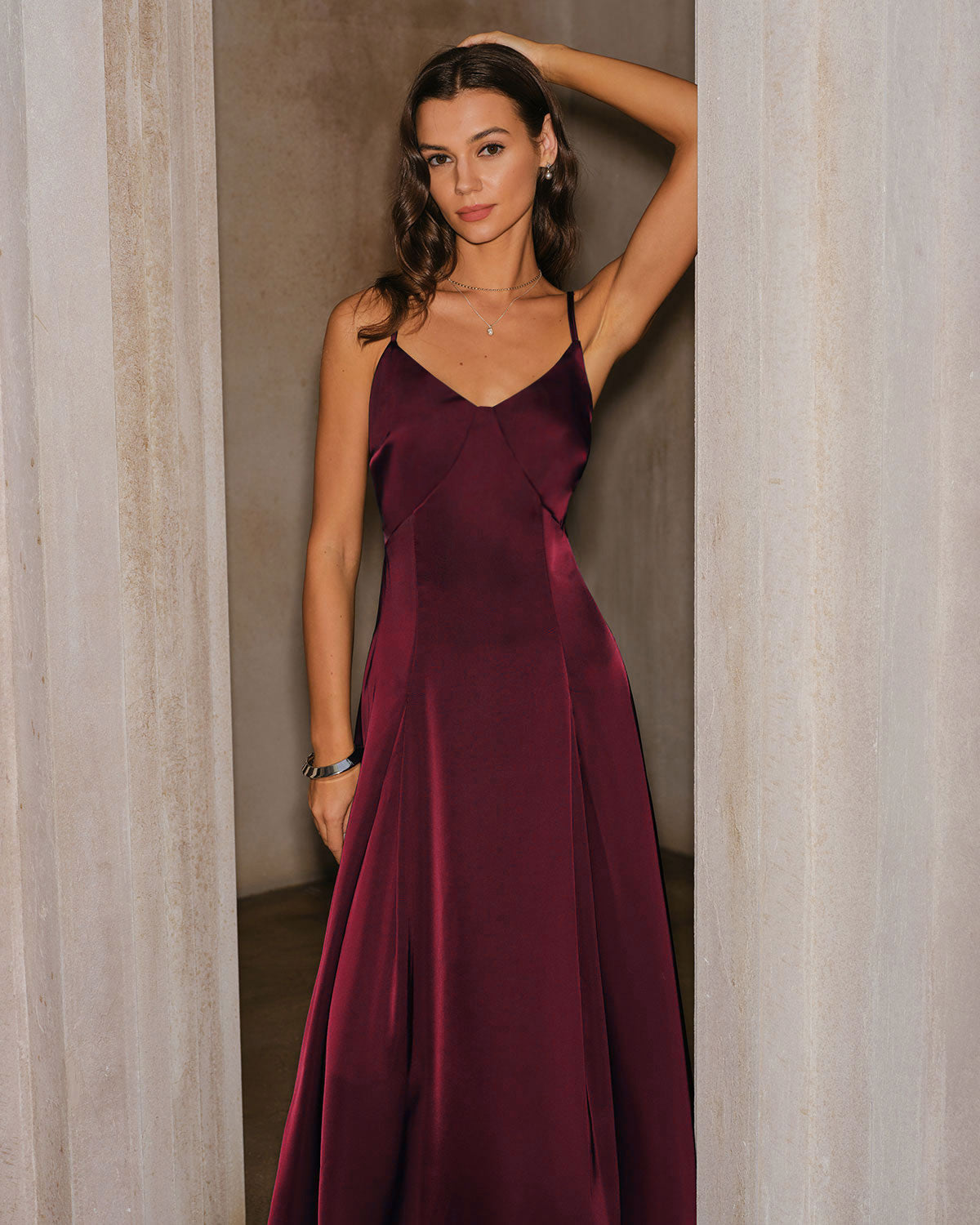 Wine Red Satin A-Line Maxi Slip Dress