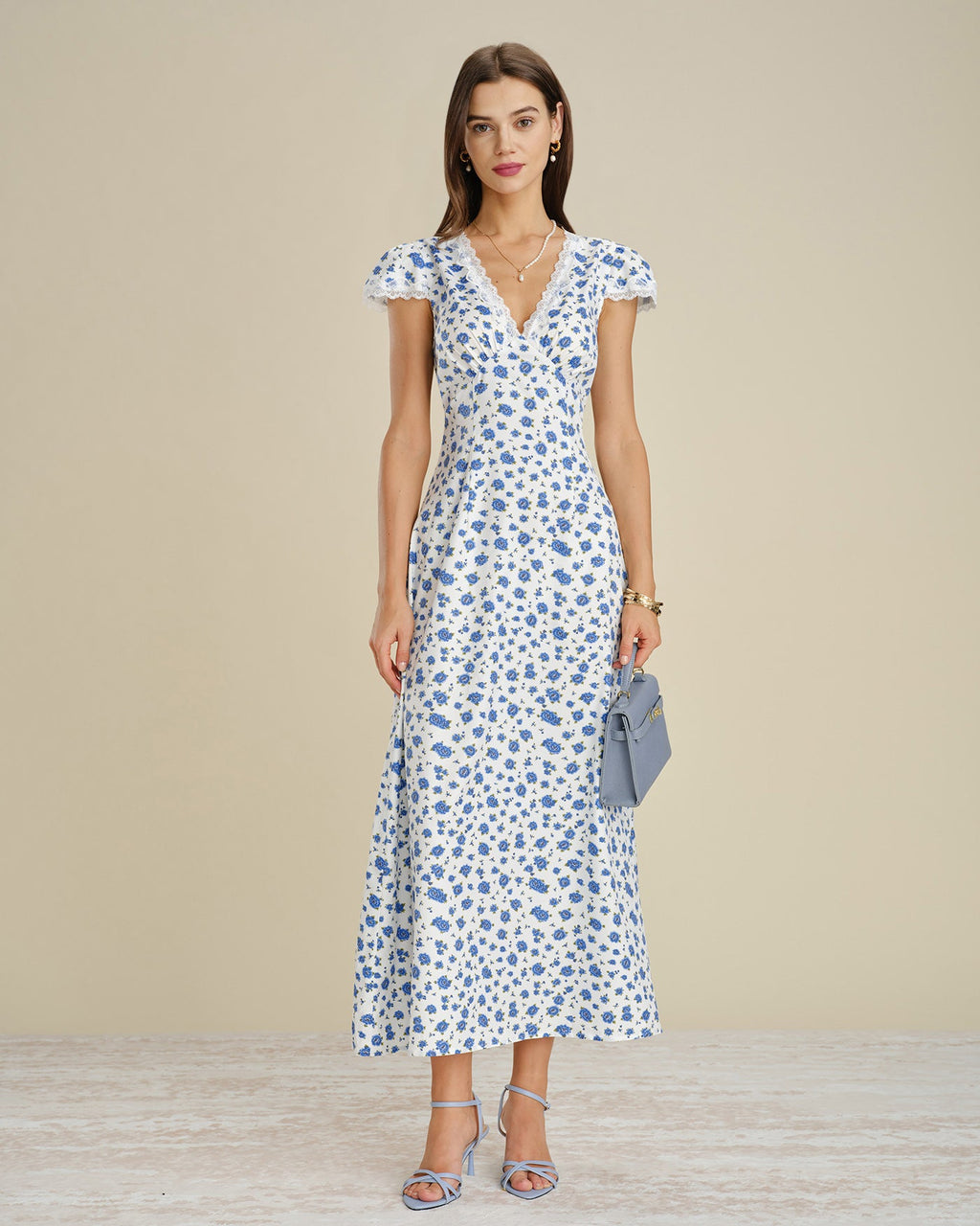 Floral Lace Maxi Dress with Blue Cap Sleeves