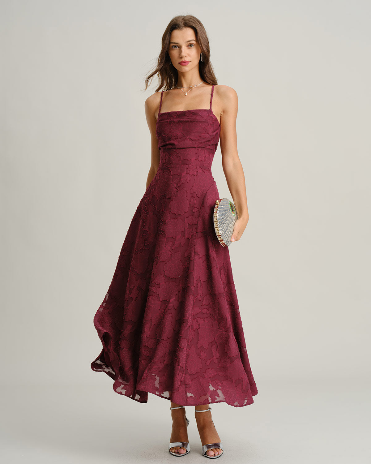 Wine Red Jacquard Maxi Dress with Slip Design