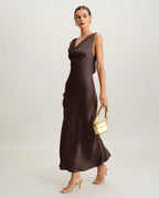 Coffee Satin Maxi Dress with Cowl Neck