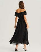 Black A-Line Maxi Dress with Off-the-Shoulder Design