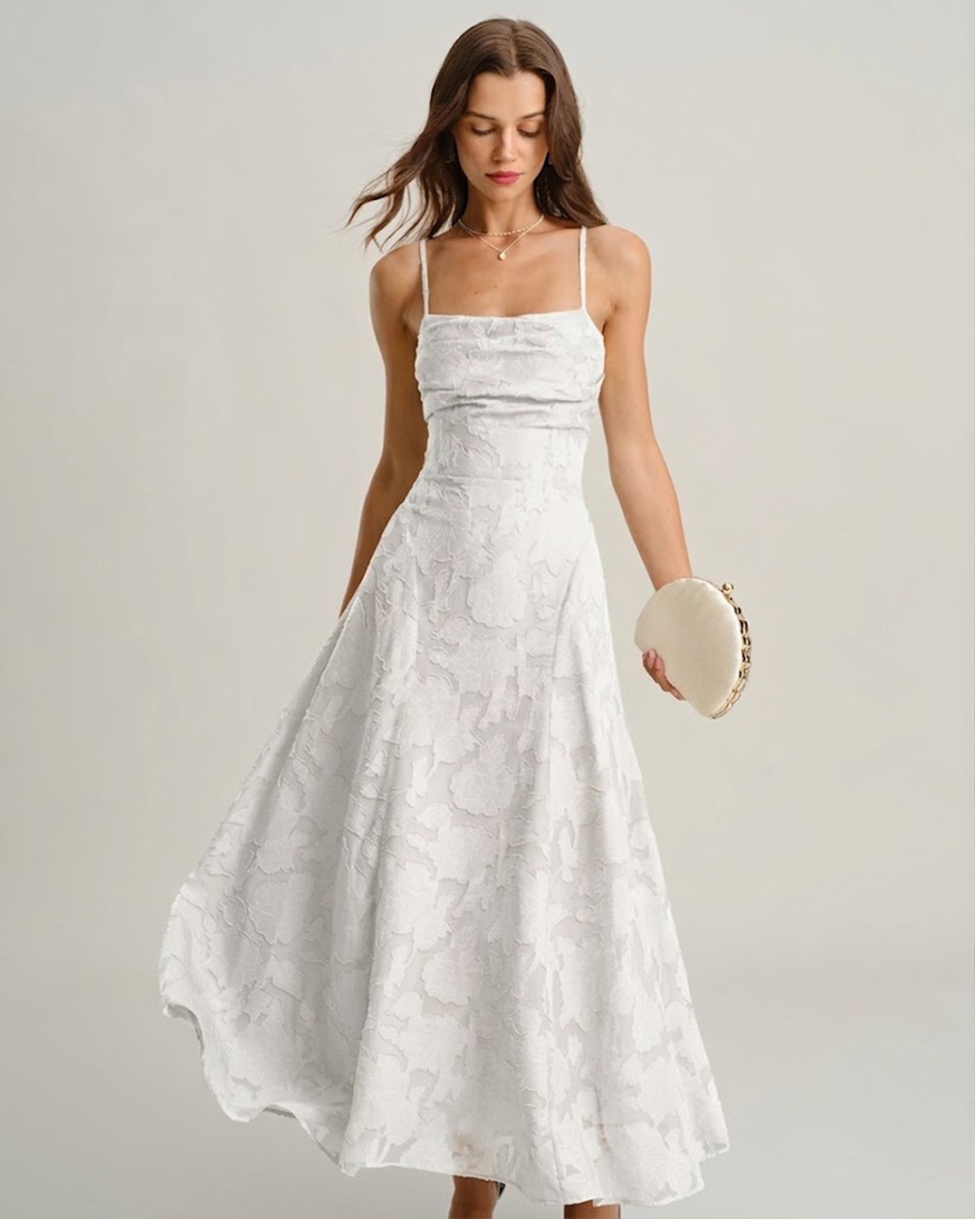 White Jacquard Slip Maxi Dress with Cross Design