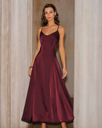 Wine Red Satin A-Line Maxi Slip Dress