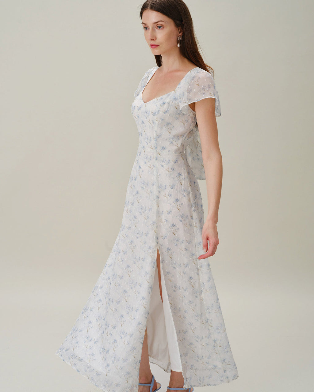 Floral Slit Maxi Dress with Blue Sweetheart Neckline