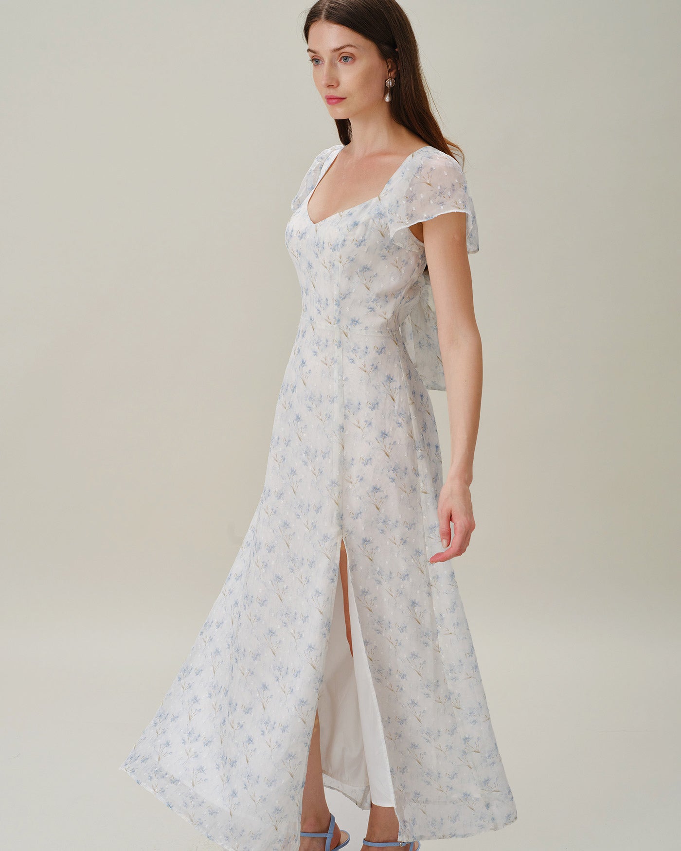 Floral Slit Maxi Dress with Blue Sweetheart Neckline