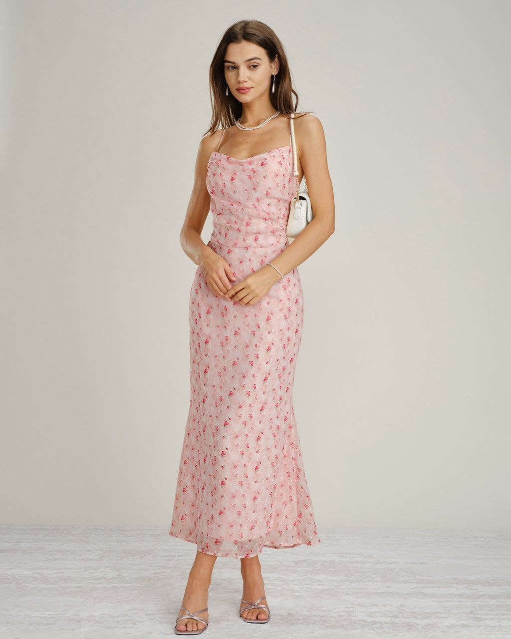 Floral Maxi Dress with Pink Cowl Neck