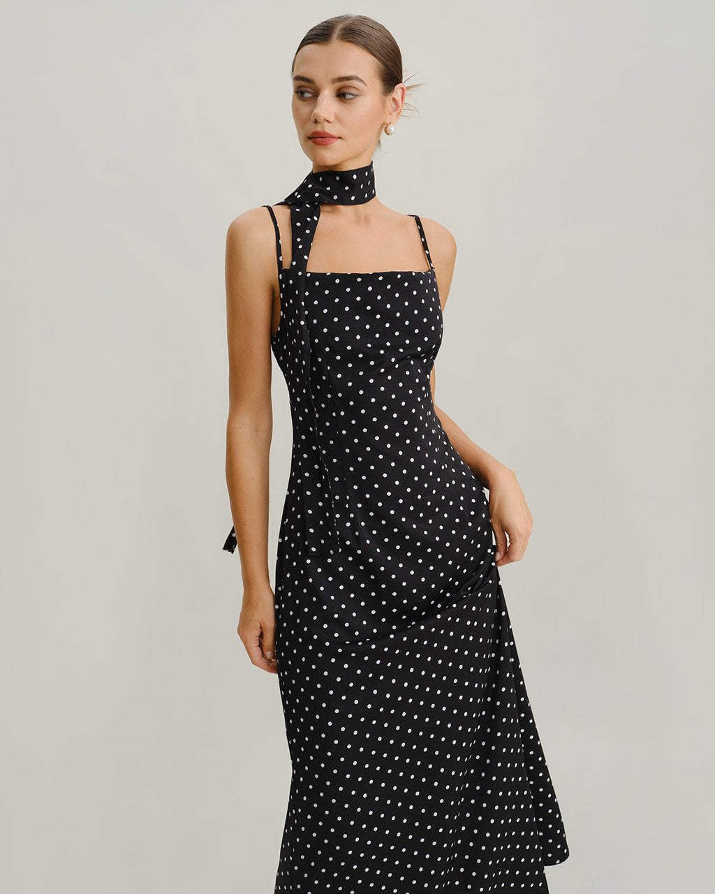 Maxi Dress with Cowl Neck and Black Polka Dots