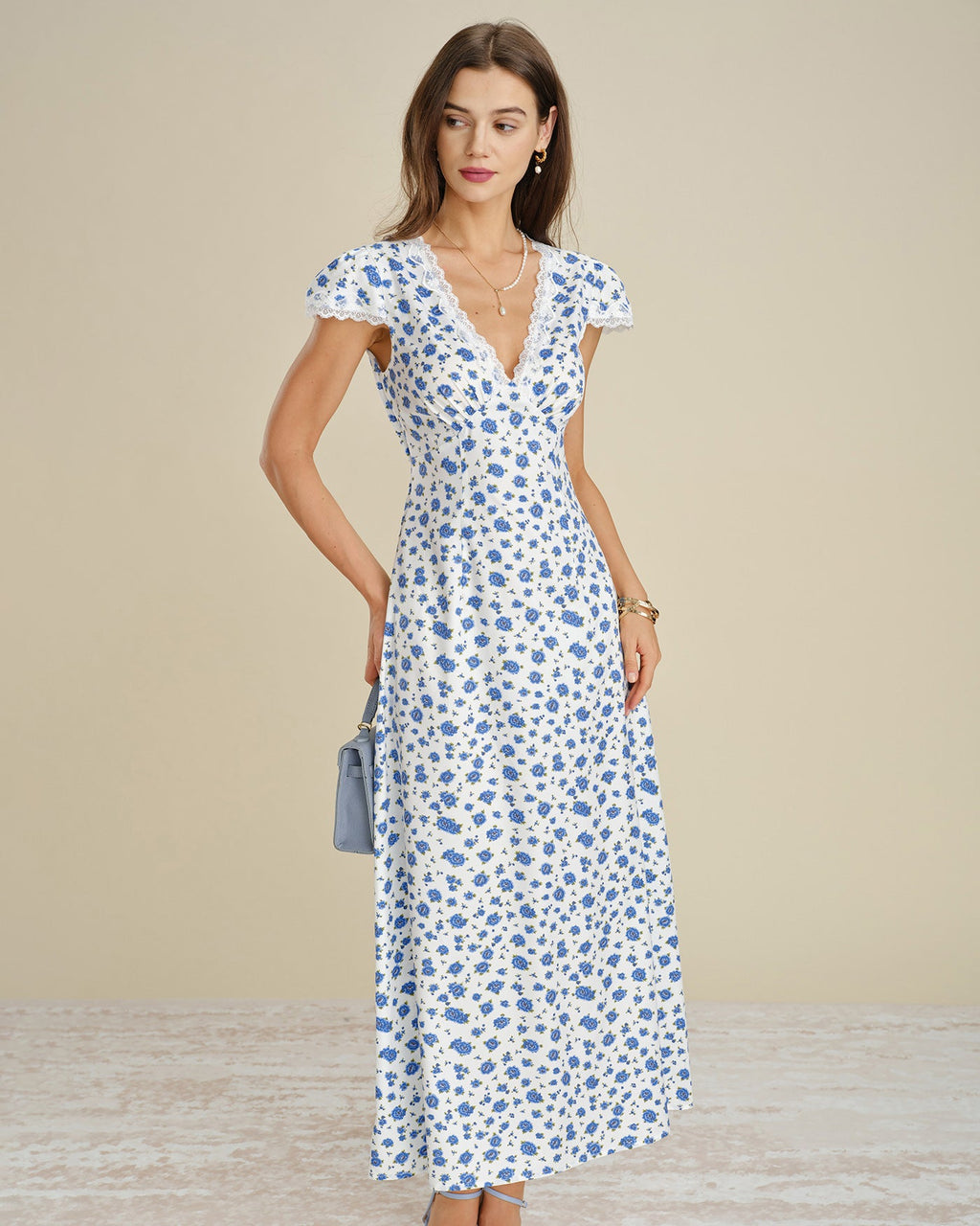 Floral Lace Maxi Dress with Blue Cap Sleeves