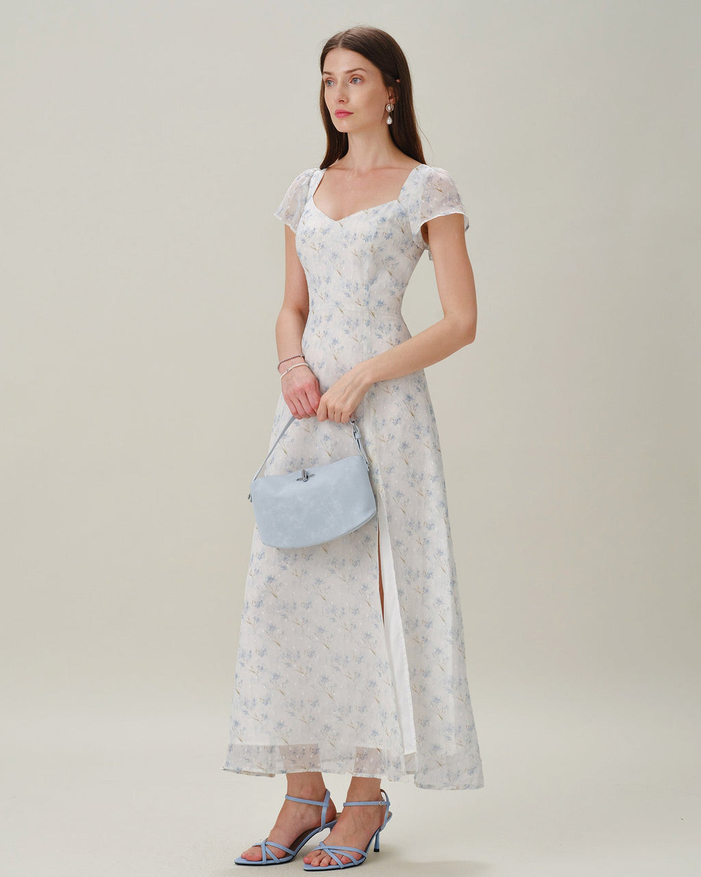 Floral Slit Maxi Dress with Blue Sweetheart Neckline