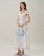 Floral Slit Maxi Dress with Blue Sweetheart Neckline