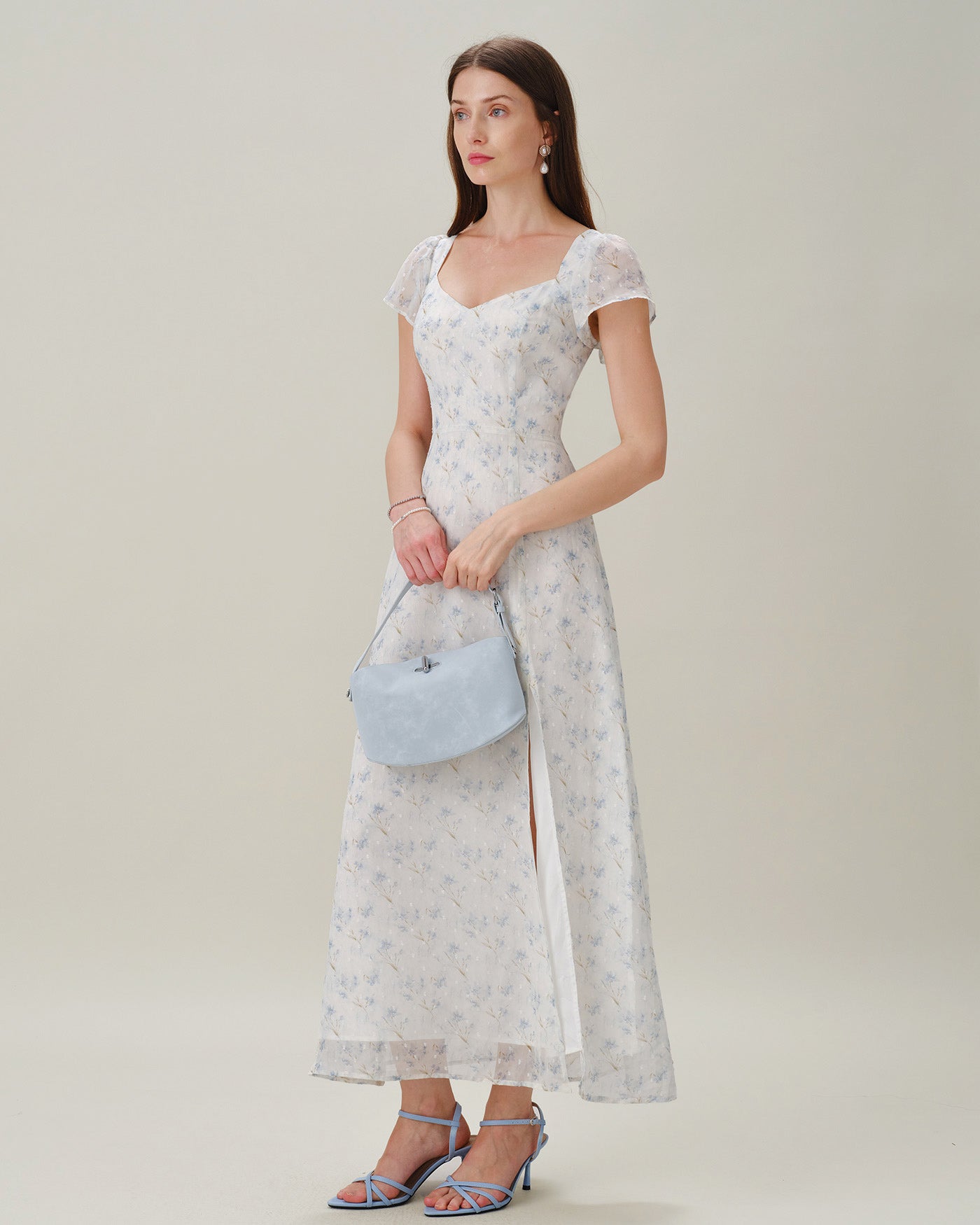 Floral Slit Maxi Dress with Blue Sweetheart Neckline