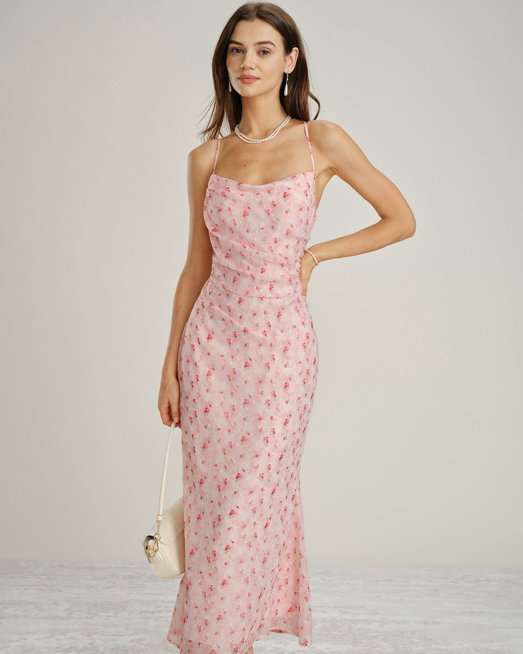 Floral Maxi Dress with Pink Cowl Neck