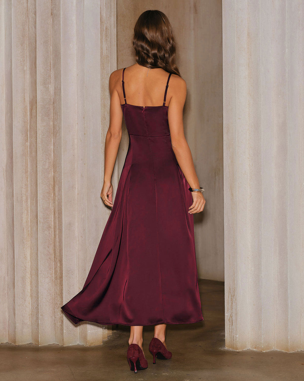 Wine Red Satin A-Line Maxi Slip Dress
