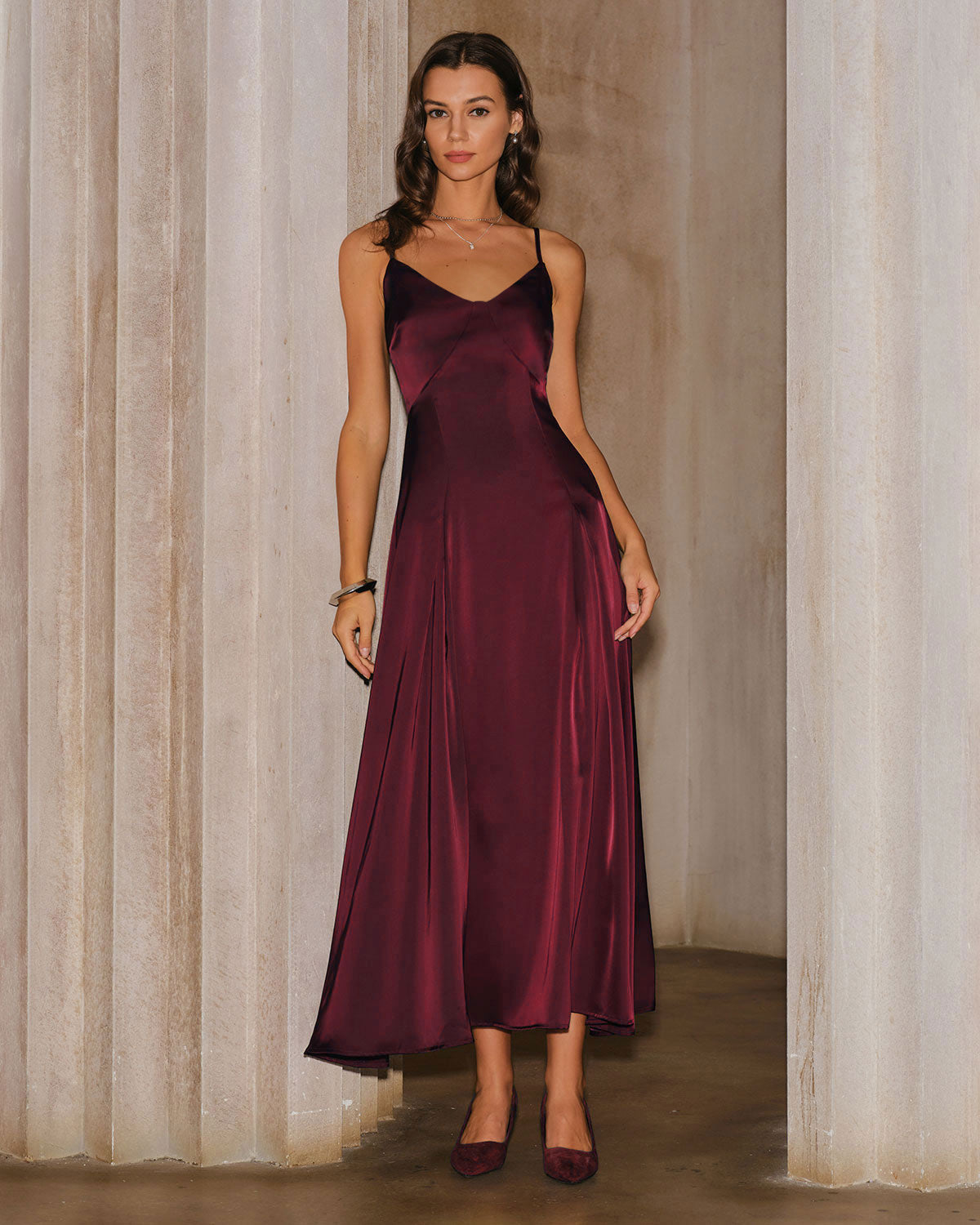 Wine Red Satin A-Line Maxi Slip Dress