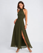 Emerald Mock Neck Chiffon Maxi Dress with Side Slit