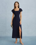 Navy Chiffon Maxi Dress with Square Neck and Slit