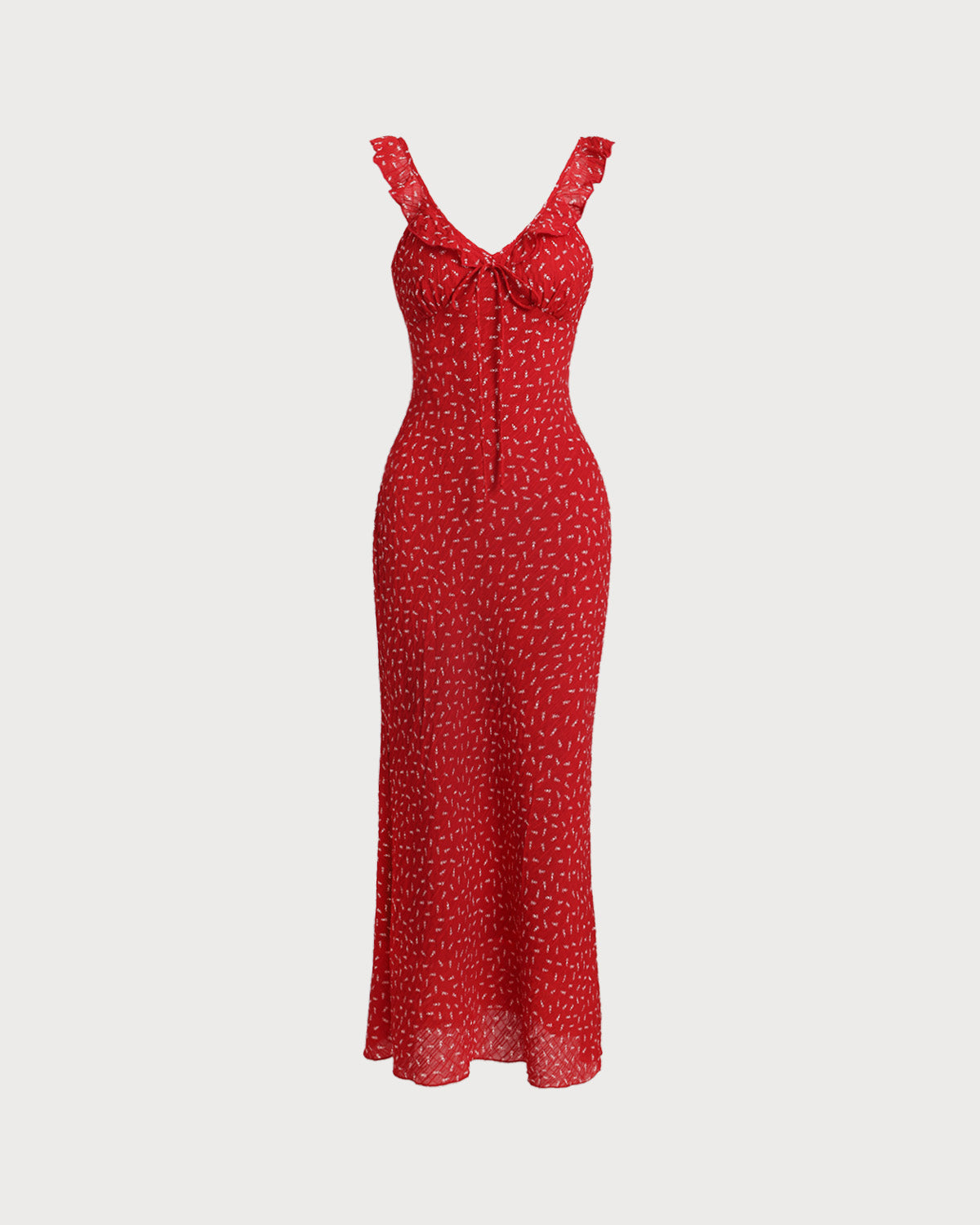 Maxi Dress with Ruffled V-Neck and Red Floral Print