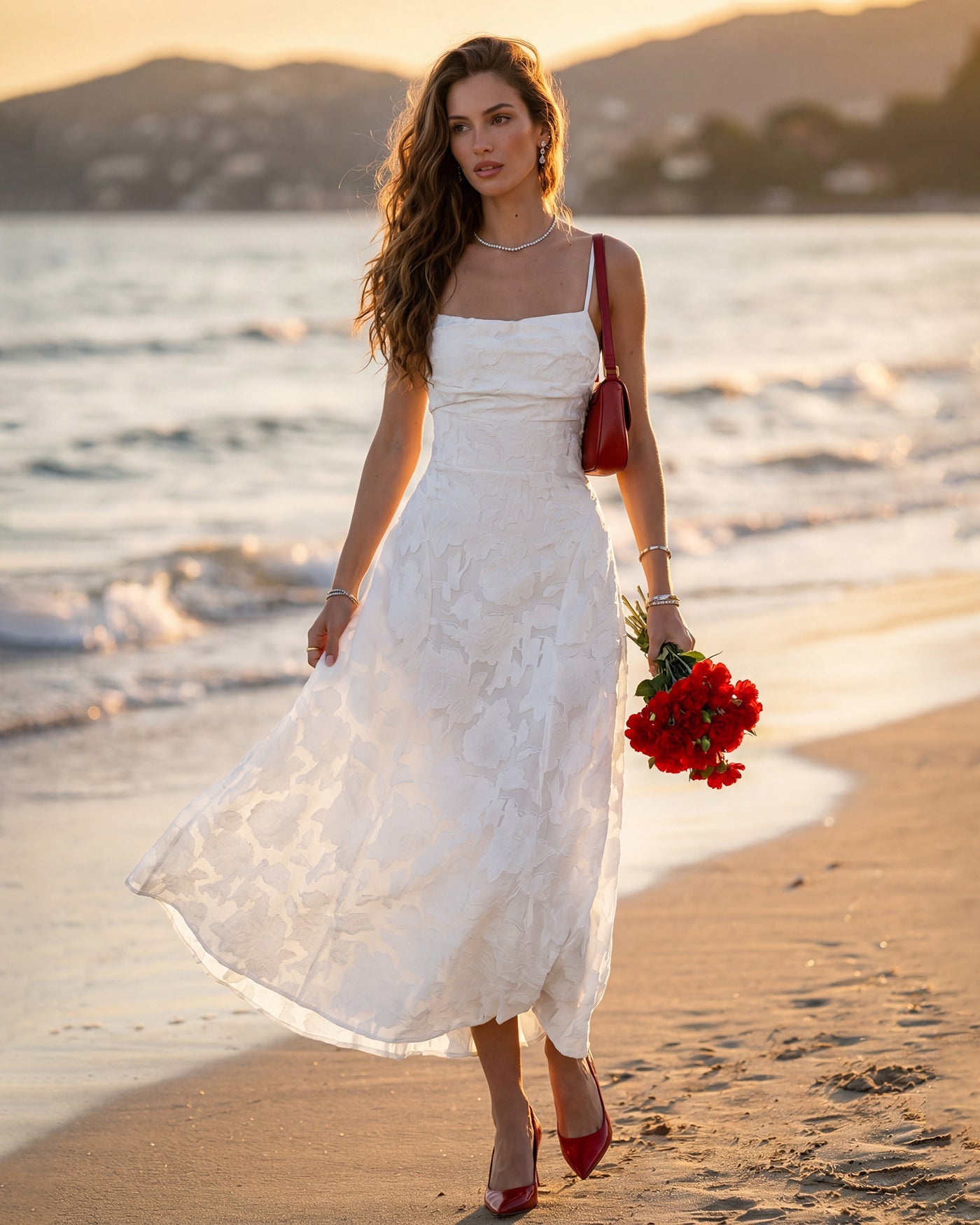 White Jacquard Slip Maxi Dress with Cross Design