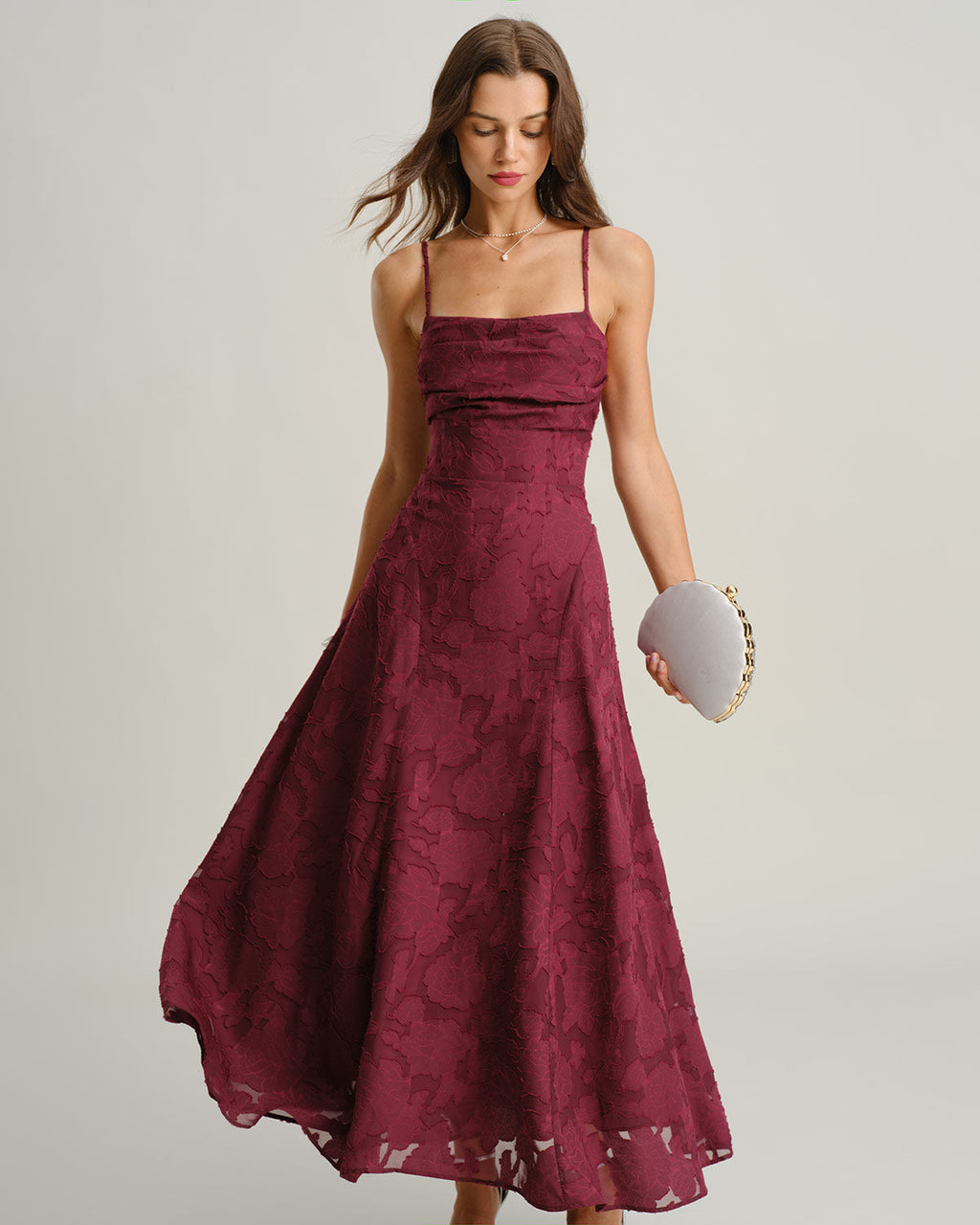 Wine Red Jacquard Maxi Dress with Slip Design
