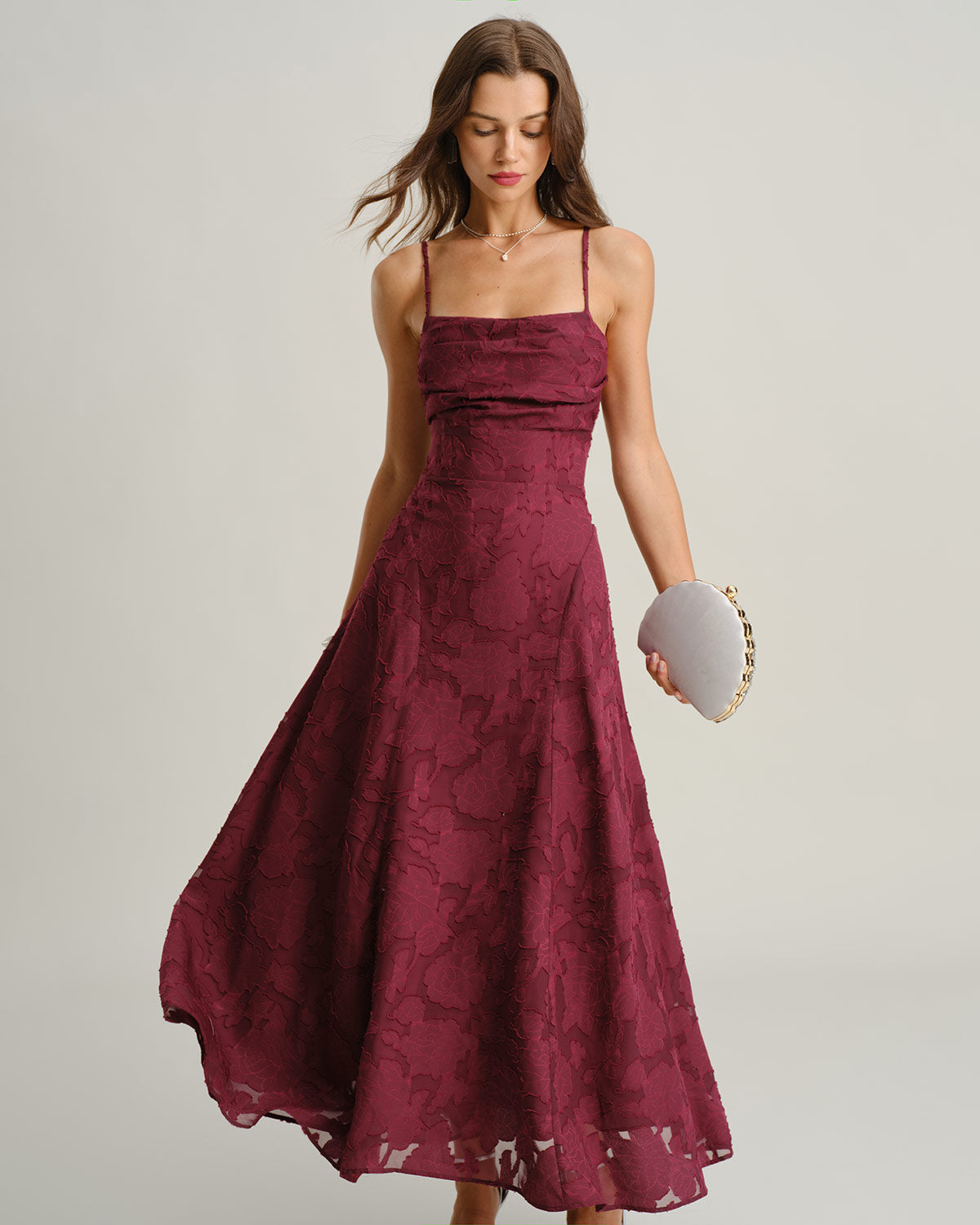 Wine Red Jacquard Maxi Dress with Slip Design