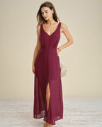 Wine Red Chiffon Maxi Dress with Button Slit Detail