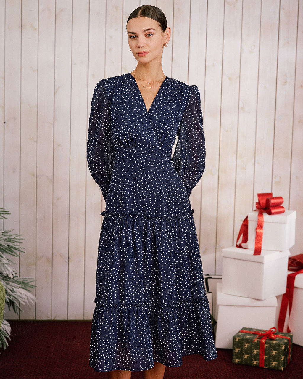 V-Neck Midi Dress with Blue Polka Dots
