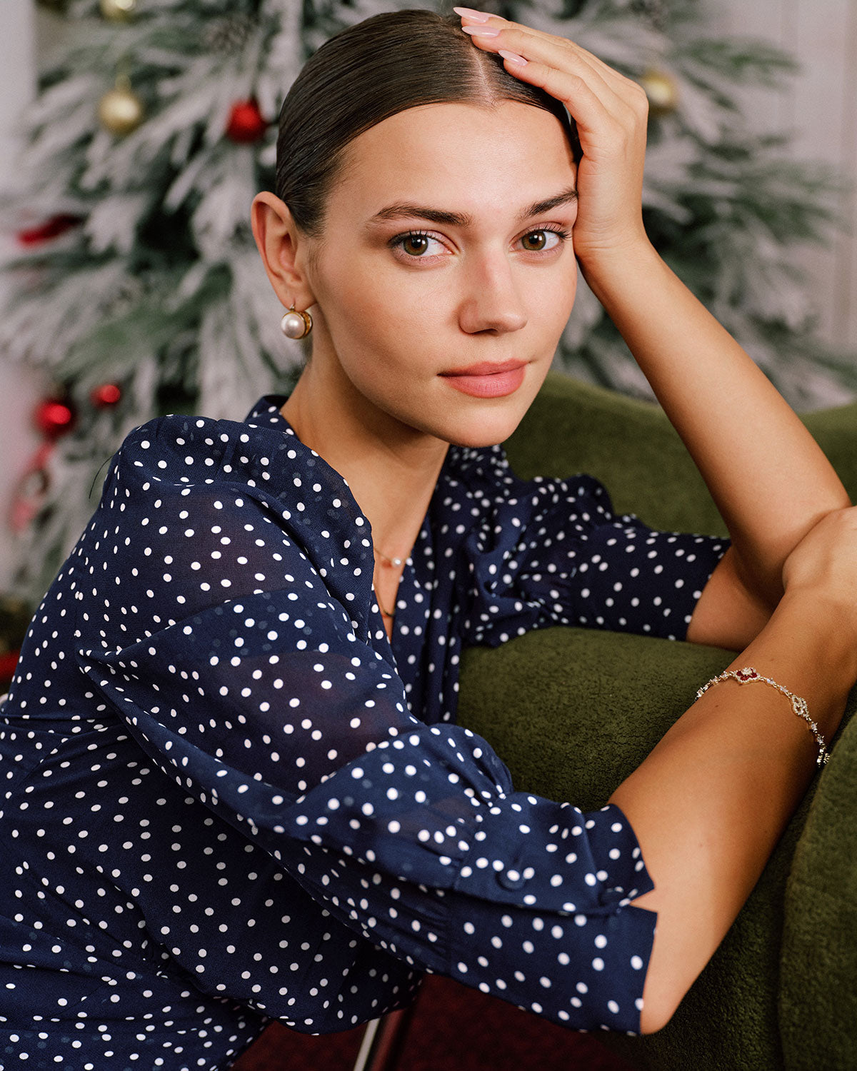 V-Neck Midi Dress with Blue Polka Dots