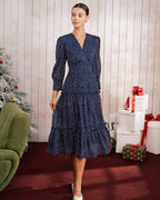 V-Neck Midi Dress with Blue Polka Dots