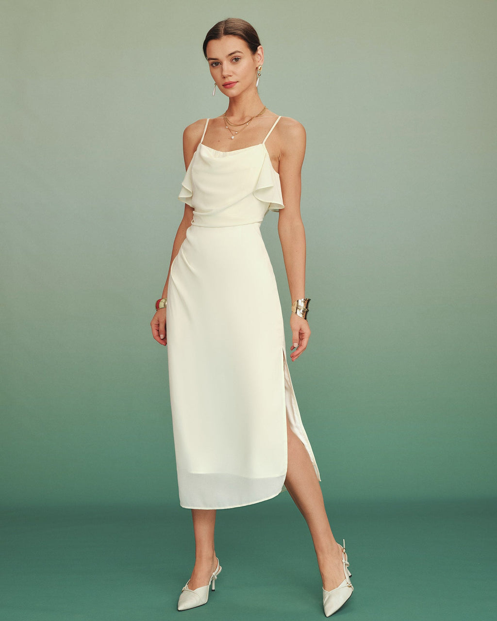 Chiffon Midi Dress with Apricot Ruffle Details