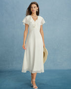 Apricot V-Neck Chiffon Midi Dress with Ruffle Details