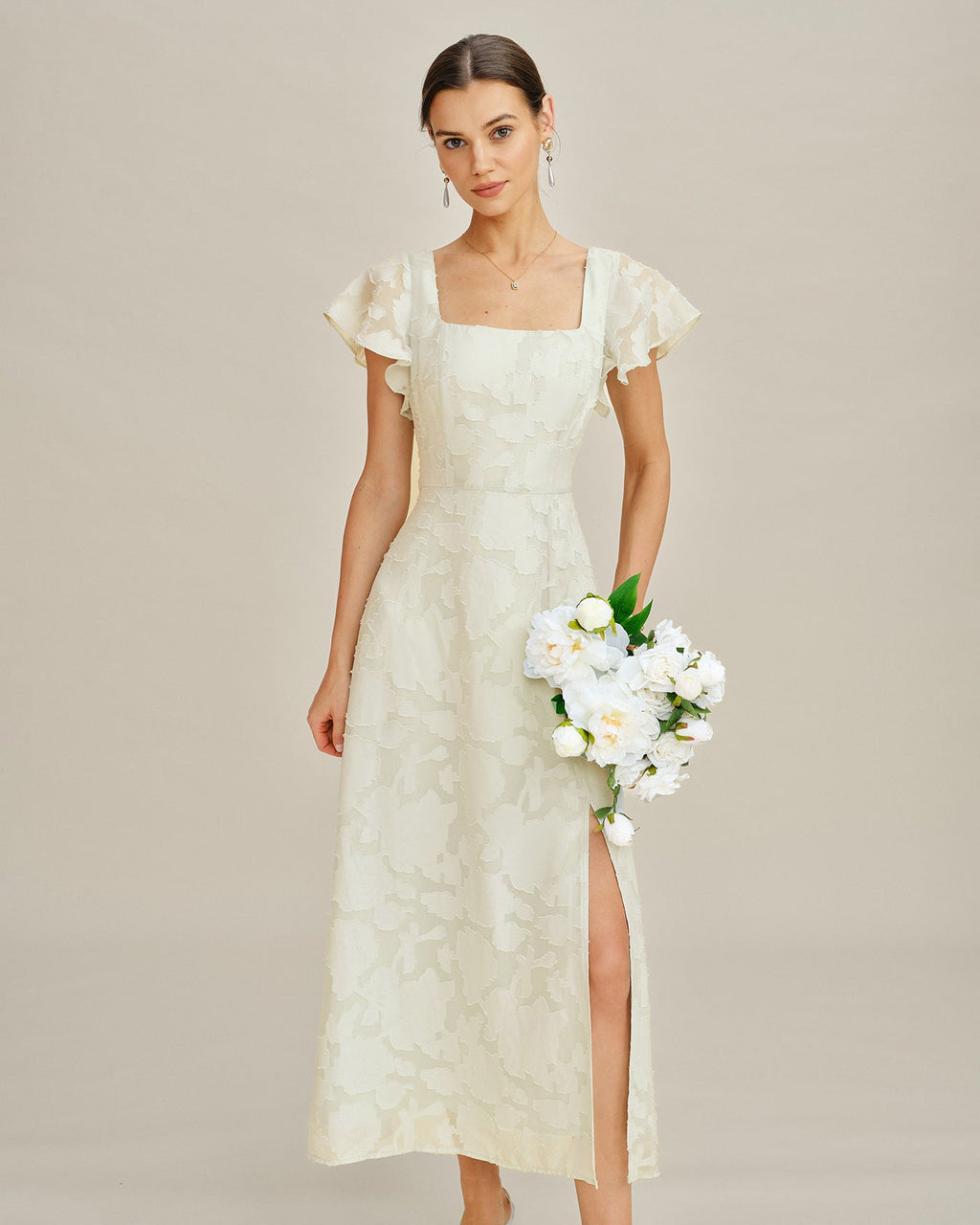 Beige Jacquard Midi Dress with Square Neckline