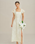 Beige Jacquard Midi Dress with Square Neckline