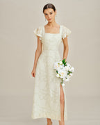 Beige Jacquard Midi Dress with Square Neckline