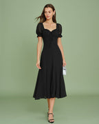 Black Midi Dress with V-Neck and Puffed Sleeves
