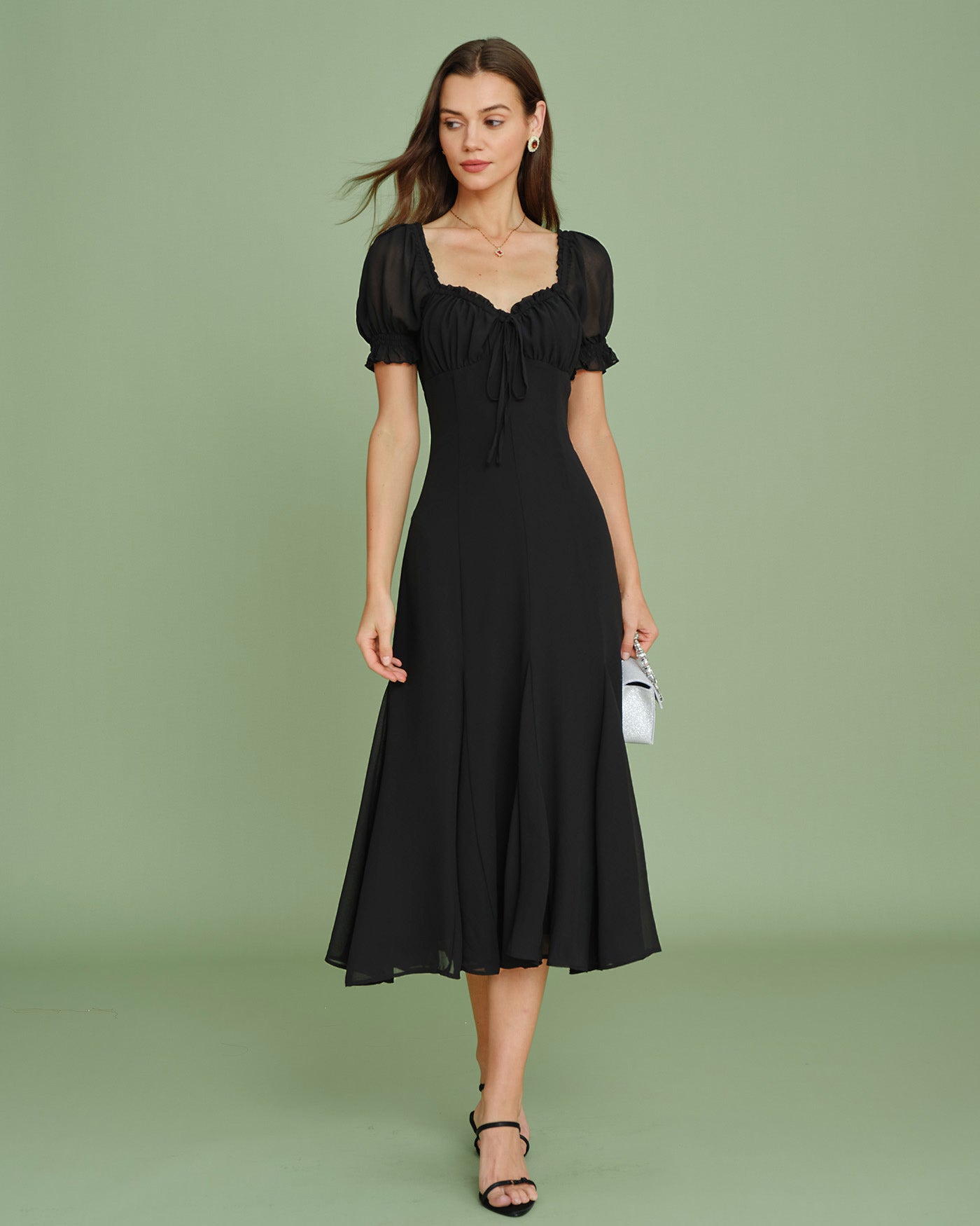 Black Midi Dress with V-Neck and Puffed Sleeves
