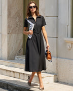 Black Midi Dress with A-Line Silhouette and Belt